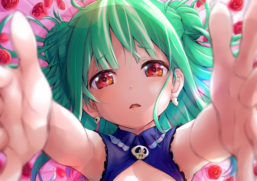 1girl blurry depth_of_field double_bun earrings eyebrows_visible_through_hair floral_print flower green_eyes hololive jewelry looking_at_viewer lying on_back open_mouth outstretched_arms red_eyes rose skull_earrings sleeveless solo tarunyan uruha_rushia virtual_youtuber