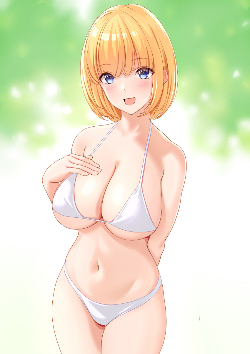 1girl :d absurdres arm_behind_back bangs bikini blush breasts eyebrows_visible_through_hair highres large_breasts looking_at_viewer marui_koishi navel open_mouth orange_hair original short_hair smile solo swimsuit thighs