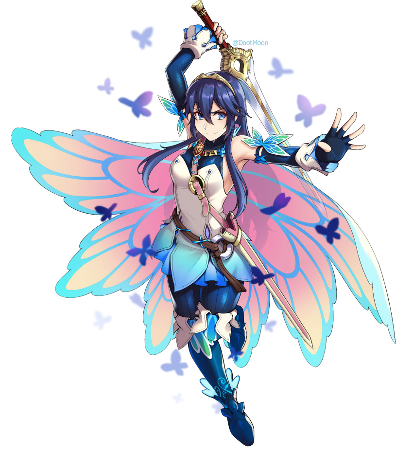 1girl bangs belt blue_eyes blue_hair boots bug butterfly cape detached_sleeves dootmoon falchion_(fire_emblem) fingerless_gloves fire_emblem fire_emblem_awakening fire_emblem_heroes full_body gloves hair_between_eyes highres holding holding_sword holding_weapon insect long_hair lucina_(fire_emblem) official_alternate_costume sheath smile solo sword thigh-highs thigh_boots tiara twitter_username weapon white_background