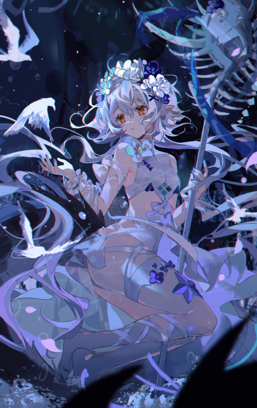 1girl ahoge arknights bare_shoulders barefoot bird breasts crocodilian_tail floating floating_hair flower full_body hair_flower hair_ornament hands_up head_wreath highres holding holding_staff kanose leg_ribbon long_hair nail_polish official_alternate_costume one-piece_swimsuit pointy_ears ribbon silver_hair sleeveless small_breasts solo staff staff_(music) swimsuit symbol_commentary tail thigh_strap tomimi_(arknights) tomimi_(silent_night)_(arknights) wavy_hair white_flower white_hair white_swimsuit yellow_eyes