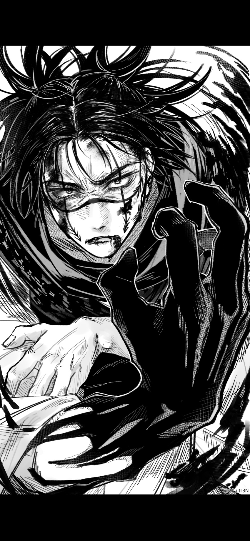 1boy absurdres bangs black_border blood blood_from_mouth blood_on_face bloody_hands border choso_(jujutsu_kaisen) facial_tattoo greyscale hand_up highres jujutsu_kaisen letterboxed looking_at_viewer male_focus messy_hair monochrome open_hand scarf short_hair solo ss_utr3n tattoo upper_body