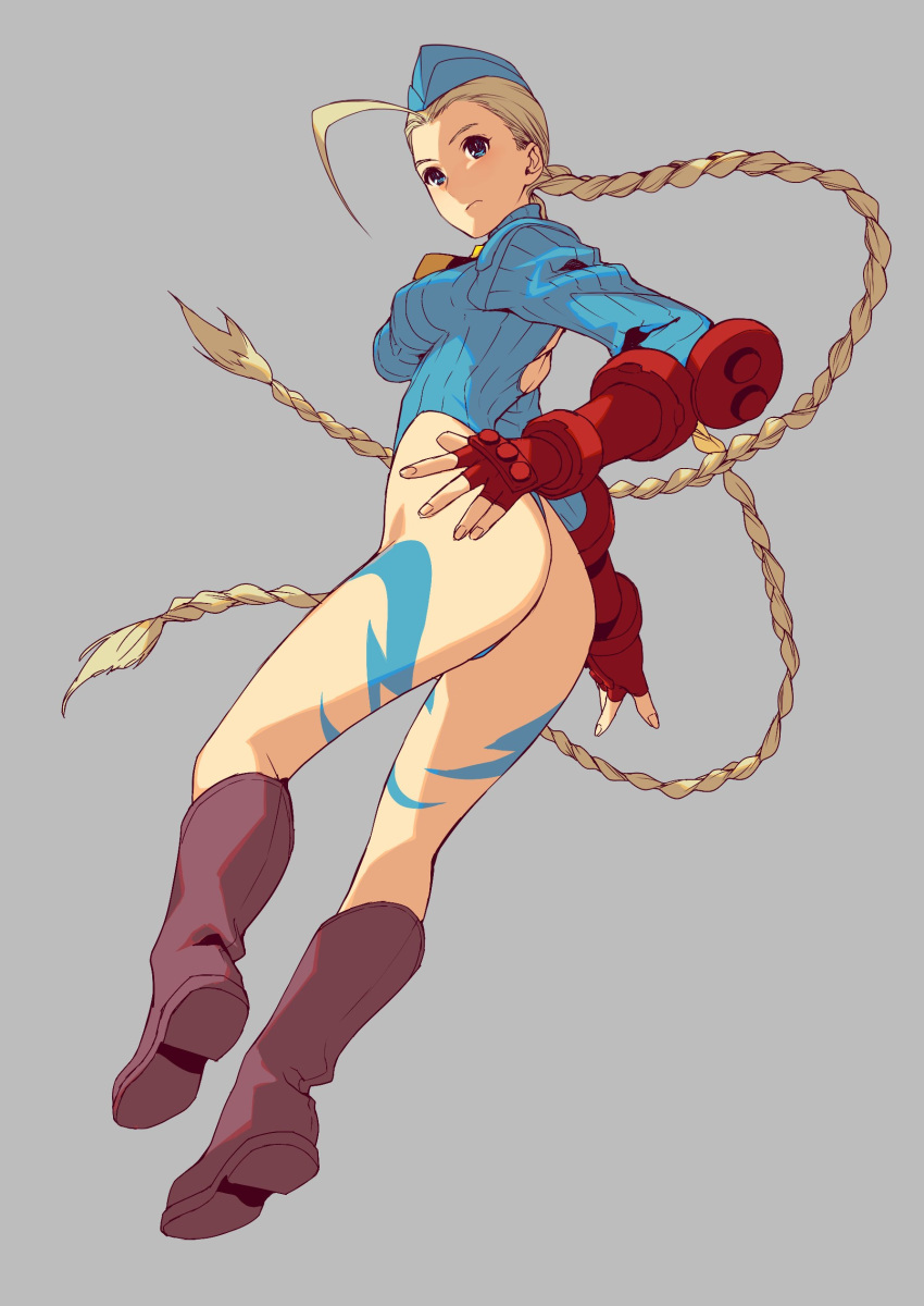 1girl absurdres ahoge ass back_cutout blonde_hair blue_eyes blue_headwear blue_leotard boots brown_footwear cammy_white closed_mouth clothing_cutout fingerless_gloves from_behind full_body gloves grey_background hat highres knee_boots kotatsu_(g-rough) leotard long_hair long_sleeves looking_at_viewer looking_back red_gloves signature simple_background solo street_fighter street_fighter_zero_(series) twintails very_long_hair