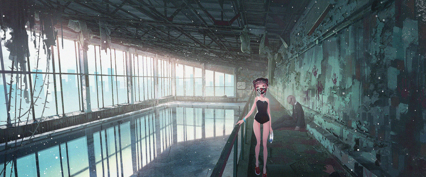 1boy 1girl arms_at_sides bag bangs bare_legs black_swimsuit blood blood_on_face blood_splatter bloody_handprints blue_eyes bracelet ceiling clock commentary_request crocs double_bun formal hand_on_railing hand_print highres holding holding_bag indoors jewelry looking_to_the_side mask medium_hair miyoshi_nao_(miyoshist) one-piece_swimsuit original railing red_footwear scenery sideways_glance sitting skyline solo_focus standing suit sunglasses sunlight swimsuit tied_hair wide_shot window