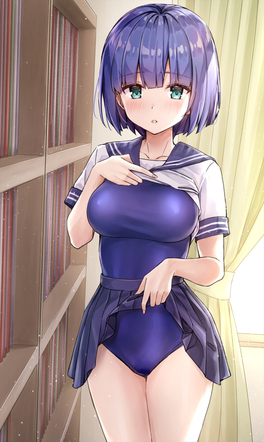 1girl absurdres bangs blue_hair blue_swimsuit blush book bookshelf breasts clothes_lift commentary_request cowboy_shot curtains eyebrows_visible_through_hair highres indoors kotatsu_(kotatsu358) large_breasts lifted_by_self looking_at_viewer one-piece_swimsuit original pleated_skirt reward_available sailor_collar school_swimsuit school_uniform serafuku shirt short_hair short_sleeves skirt skirt_lift solo swimsuit swimsuit_under_clothes