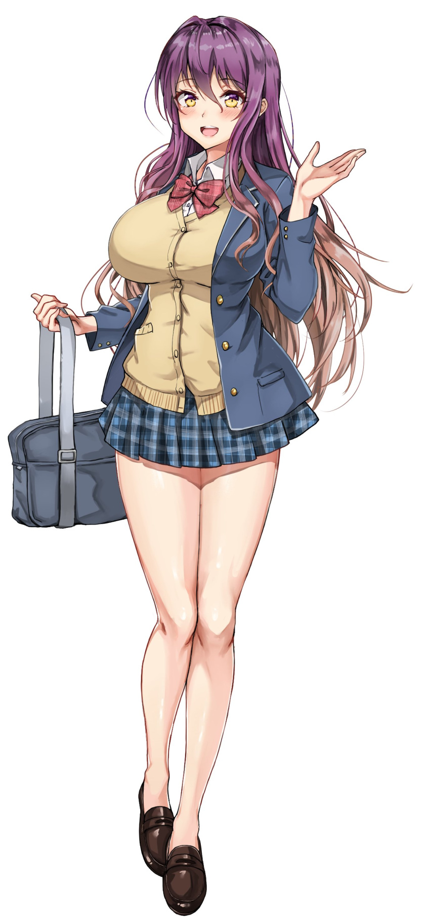 1girl :d absurdres alternate_costume amagi_(amagi626) bag bangs blazer blue_jacket blue_skirt blush bow breasts brown_hair brown_shirt carrying_bag gradient_hair hand_up handbag highres hijiri_byakuren jacket large_breasts loafers long_hair looking_at_viewer miniskirt multicolored_hair no_socks open_mouth plaid plaid_bow plaid_skirt purple_hair red_neckwear school_uniform shirt shoes simple_background skirt smile solo sweater sweater_vest touhou two-tone_hair wavy_hair white_background yellow_eyes