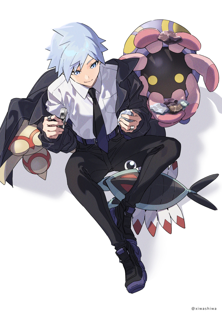 1boy absurdres anorith baltoy bangs belt black_coat black_pants blue_eyes breast_pocket closed_mouth coat collared_shirt commentary gen_3_pokemon grey_hair highres holding jewelry lileep male_focus necktie off_shoulder open_clothes open_coat pants pocket pokemon pokemon_(creature) pokemon_(game) pokemon_rse purple_belt ring rock shirt shoes short_hair sitting smile spiky_hair steven_stone twitter_username white_shirt xia_(ryugo)