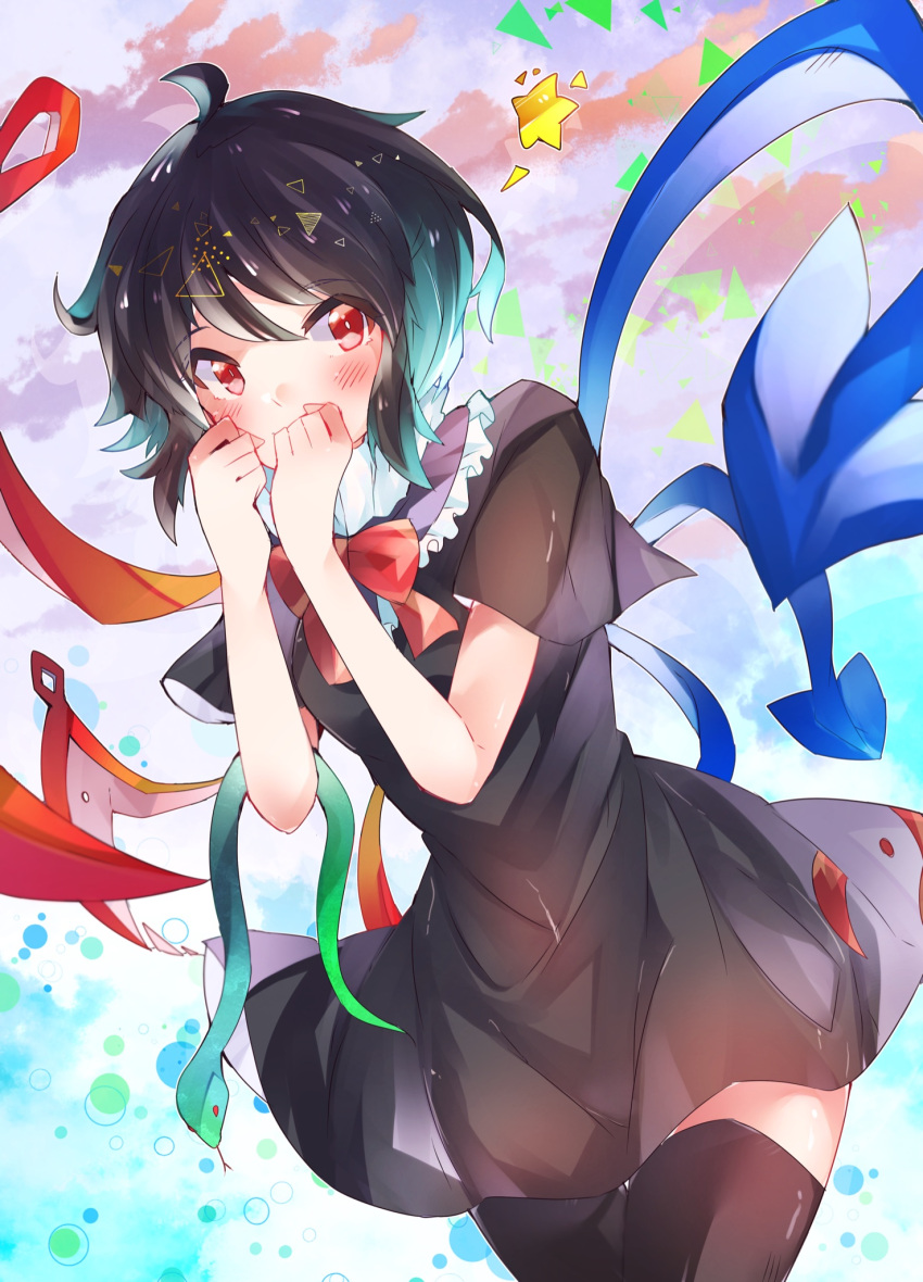 1girl asymmetrical_wings bangs black_dress black_hair black_legwear blue_wings blush bow bowtie buttons commentary_request cowboy_shot dress eyebrows_visible_through_hair frilled_dress frills hands_over_mouth highres houjuu_nue looking_at_viewer ra_mun5239 red_bow red_eyes red_neckwear red_wings short_dress short_hair short_sleeves snake solo star_(symbol) thigh-highs touhou wings