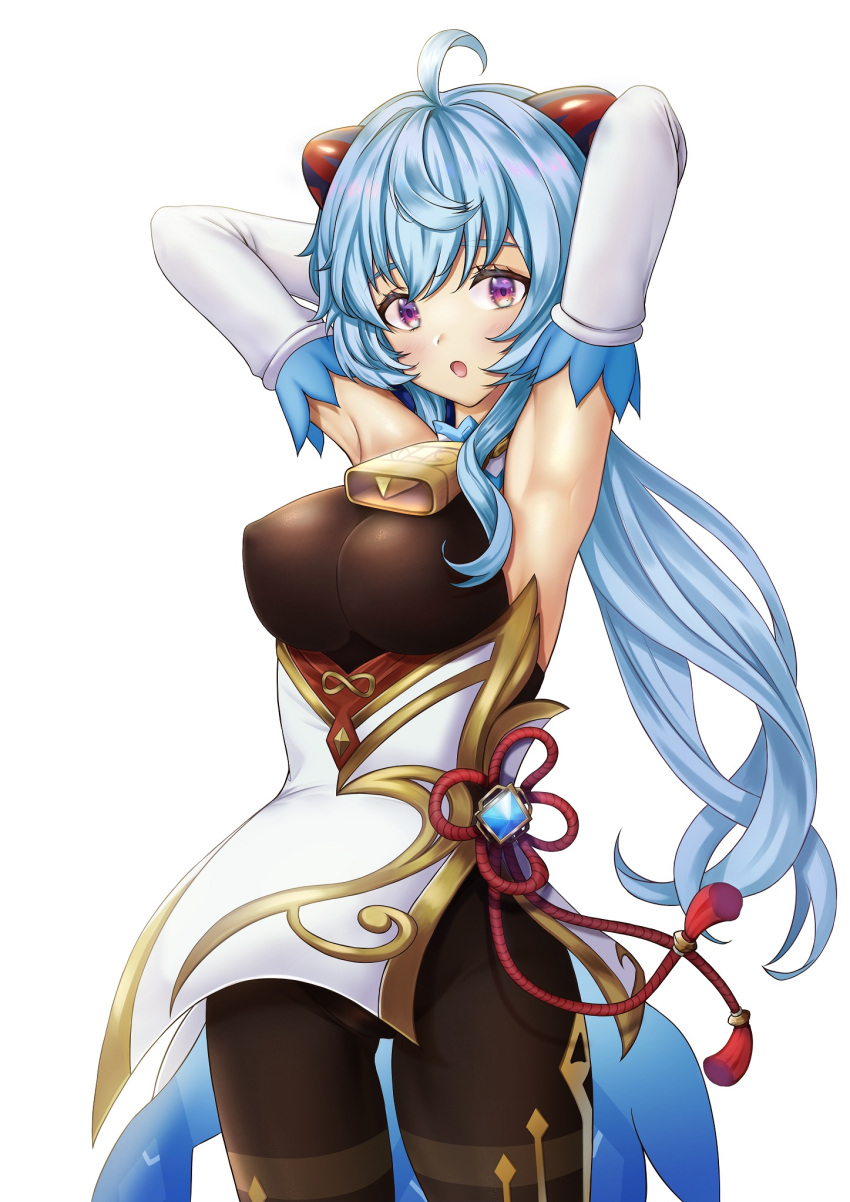 1girl ahoge armpits arms_behind_head bangs bell black_swimsuit blue_hair commentary_request detached_sleeves eyebrows_visible_through_hair ganyu_(genshin_impact) genshin_impact hair_between_eyes hal_(stsff) highres horns long_hair looking_at_viewer low_ponytail neck_bell sidelocks simple_background solo swimsuit violet_eyes vision_(genshin_impact) white_background wide_sleeves