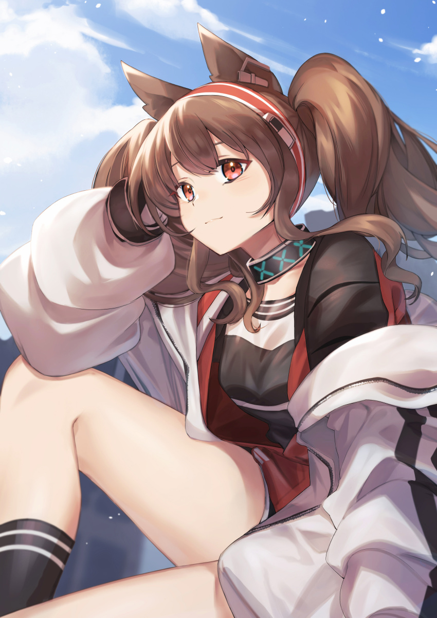 1girl absurdres angelina_(arknights) animal_ears arknights black_collar black_legwear black_shirt blue_sky brown_hair clouds cloudy_sky collar commentary elbow_rest fox_ears hairband hand_on_own_head highres infection_monitor_(arknights) jacket knee_up long_hair looking_at_viewer off_shoulder open_clothes open_jacket outdoors red_eyes red_hairband shirt shorts sitting sky smile socks solo thighs twintails white_jacket yonago_miko