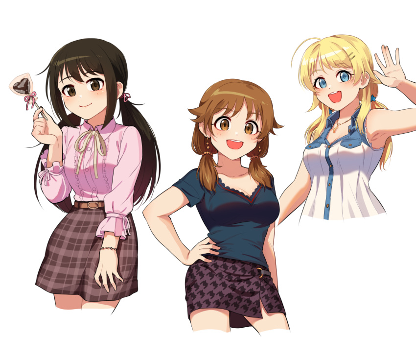 3girls :d bangs belt black_eyes black_hair blonde_hair blue_eyes blue_shirt brown_belt brown_eyes brown_hair candy center_frills collared_shirt commentary_request cropped_legs cropped_torso earrings food frilled_sleeves frills grey_skirt hachimiya_meguru hair_ornament hair_over_shoulder hairclip hand_on_hip holding holding_candy holding_food holding_lollipop idolmaster idolmaster_cinderella_girls idolmaster_shiny_colors jewelry kamille_(vcx68) katagiri_sanae lollipop long_hair looking_at_viewer low_twintails medium_hair miniskirt multiple_girls nakano_yuka neck_ribbon necklace open_mouth partial_commentary plaid plaid_skirt purple_shirt purple_skirt ribbon shirt short_sleeves simple_background skirt sleeveless sleeveless_shirt smile standing star_(symbol) star_hair_ornament twintails waving white_background white_ribbon white_shirt