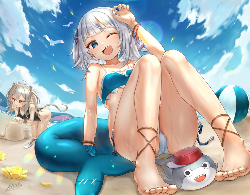 2girls ;d absurdres animal_ears ball bangle bangs bare_shoulders barefoot beach beachball bikini bird black_swimsuit bloop_(gawr_gura) blue_bikini blue_eyes blue_hair blue_sky bracelet breasts day feet fish_tail gawr_gura hair_ornament highres hololive hololive_english huge_filesize jewelry knees_up lion_ears lion_girl long_hair looking_at_viewer miko_no_kamiko multicolored_hair multiple_girls one-piece_swimsuit one_eye_closed open_mouth outdoors sand_castle sand_sculpture seagull shark_girl shark_tail sharp_teeth shishiro_botan silver_hair sitting sky small_breasts smile streaked_hair summer swimsuit tail teeth virtual_youtuber wet