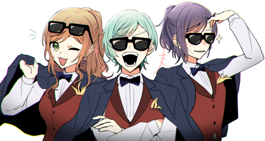 3girls :3 :d bang_dream! bangs black_neckwear blue_jacket blue_neckwear bow bowtie breasts brown_hair bunny_earrings chieh collared_shirt commentary_request cosplay crossed_arms earrings eyewear_on_head gradient_neckwear green_eyes green_hair hand_to_forehead hikawa_hina imai_lisa jacket jacket_on_shoulders jewelry laughing looking_at_viewer medium_breasts medium_hair multiple_girls notice_lines one_eye_closed open_clothes open_jacket open_mouth ponytail purple_hair red_vest seta_kaoru shirt short_hair short_ponytail sidelocks simple_background smile standing sunglasses swept_bangs tatsumi_koutarou tatsumi_koutarou_(cosplay) upper_body vest white_background white_shirt wing_collar zombie_land_saga