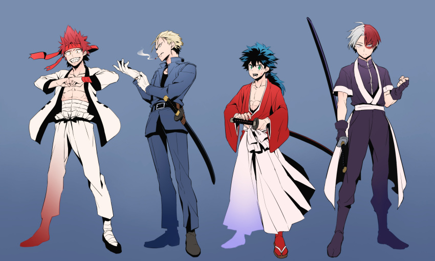 4boys abs adjusting_clothes adjusting_gloves ahoge alternate_costume alternate_hair_length alternate_hairstyle bakugou_katsuki bandaged_foot bandaged_leg bandages bangs belt black_belt black_footwear black_gloves black_hair black_pants black_shirt blonde_hair blue_background blue_eyes blue_jacket blue_pants boku_no_hero_academia brown_footwear burn_scar cigarette clenched_hand clothing_request collarbone commentary_request cosplay fingerless_gloves fist_bump freckles frown full_body gloves green_background green_eyes green_hair grey_eyes grin hair_between_eyes hairband hakama hand_up heterochromia highres himura_kenshin himura_kenshin_(cosplay) holding holding_sword holding_weapon jacket japanese_clothes katana kirishima_eijirou long_hair looking_at_viewer male_focus midoriya_izuku multicolored_hair multiple_boys necktie no_shirt open_clothes open_jacket open_mouth own_hands_together pants ponytail purple_background red_eyes red_hairband redhead rurouni_kenshin sagara_sanosuke sagara_sanosuke_(cosplay) saitou_hajime_(rurouni_kenshin) saitou_hajime_(rurouni_kenshin)_(cosplay) sandals sarashi scar sharp_teeth sheath shirt shoes simple_background smile smoke smoking standing sword teeth todoroki_shouto tonomayo two-tone_hair weapon white_hair white_jacket white_pants