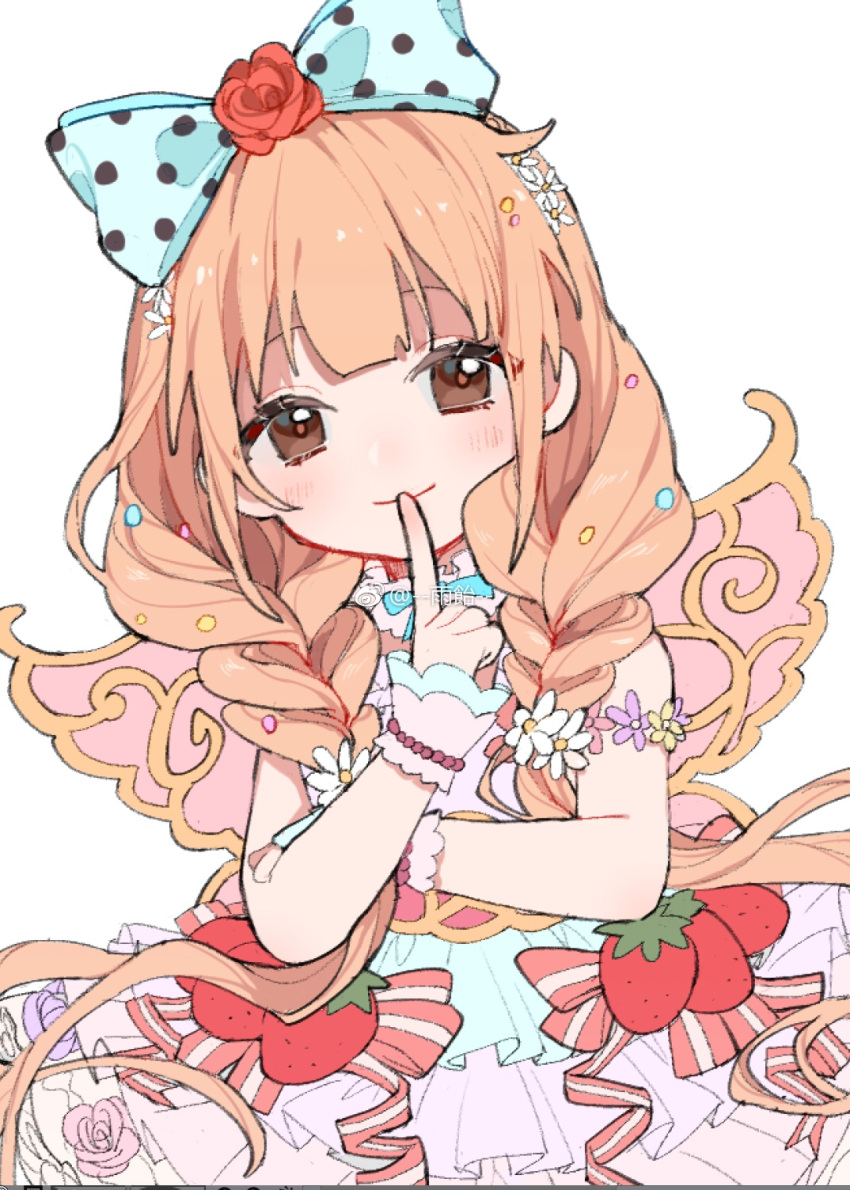 1girl ame_ame bangs blonde_hair blush bow braid closed_mouth flower food fruit futaba_anzu hair_flower hair_ornament highres idolmaster idolmaster_cinderella_girls polka_dot polka_dot_bow ribbon rose solo strawberry twin_braids watermark white_background wings