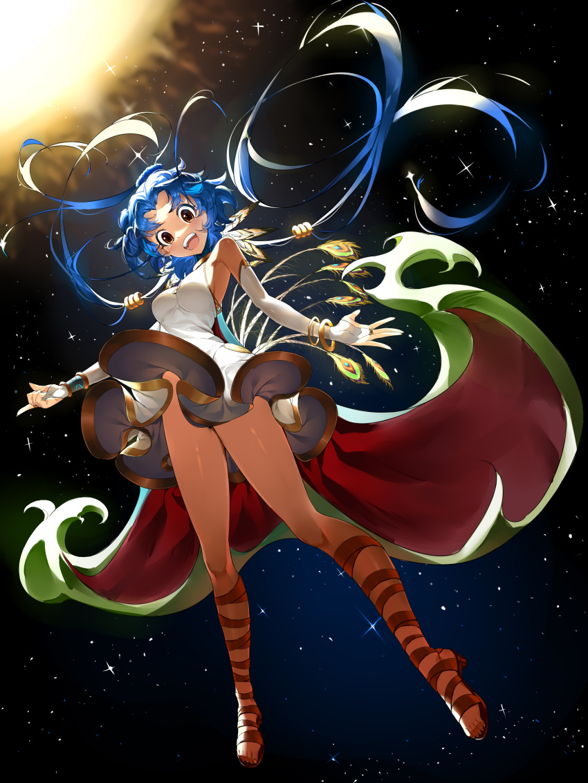 1girl absurdres arknights bangle bangs bare_shoulders blue_hair bracelet breasts bridal_gauntlets brown_eyes cape commentary_request conviction_(arknights) dress elbow_gloves erdongjinming feather_hair floating_hair genderswap genderswap_(otf) gloves green_cape highres infection_monitor_(arknights) jewelry medium_breasts open_mouth peacock_feathers red_cape sandals short_hair short_hair_with_long_locks sleeveless sleeveless_dress solo space starry_background sun two-tone_cape white_dress white_gloves