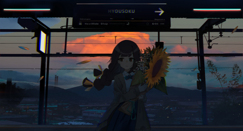 1girl absurdres bangs blue_neckwear blue_skirt bouquet bow bowtie braid brown_eyes brown_hair brown_jacket chromatic_aberration clouds cloudy_sky collared_shirt commentary_request cowboy_shot flower geki_dan highres holding holding_bouquet jacket leaf long_hair long_sleeves looking_to_the_side mountain mountainous_horizon original parted_lips petals plant scenery shirt sideways_glance sign skirt sky solo sunflower sunset train_station white_shirt wide_shot