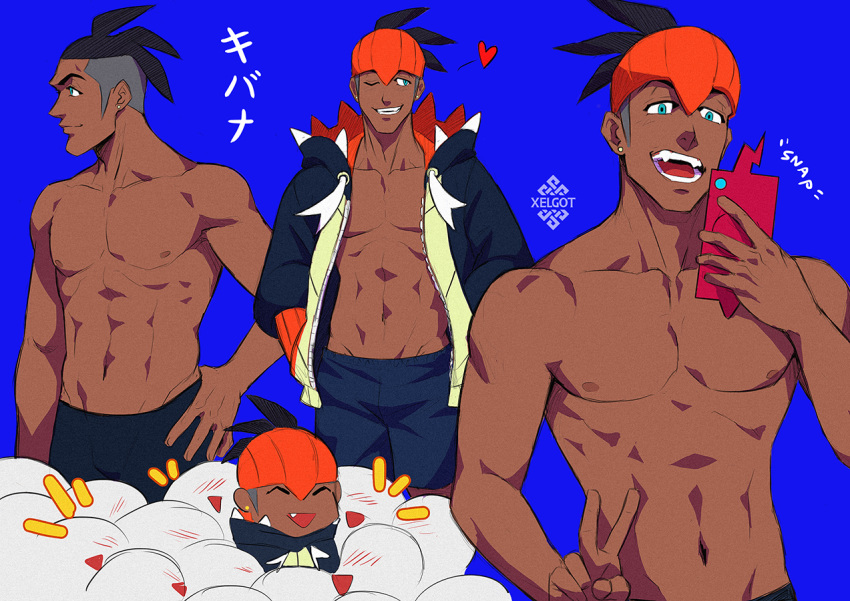 1boy abs artist_name black_hair black_hoodie blue_background blue_shorts blush collarbone commentary crowd dark-skinned_male dark_skin earrings gen_4_pokemon hand_on_hip heart holding holding_phone hood hoodie jewelry male_focus one_eye_closed open_clothes open_hoodie open_mouth orange_headwear pectorals phone pokemon pokemon_(game) pokemon_swsh raihan_(pokemon) rotom rotom_phone shirtless short_hair shorts simple_background smile teeth toned tongue undercut xelgot