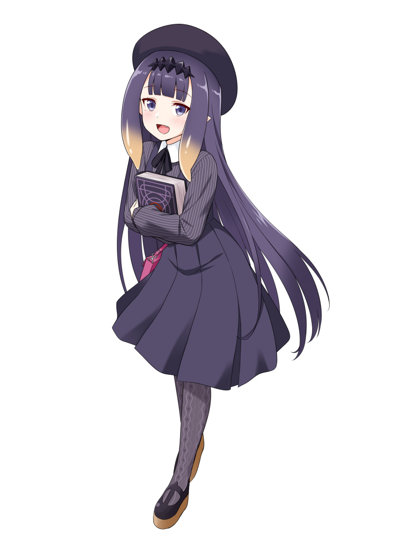 1girl :d absurdres bag bangs beret black_footwear black_hair black_headwear black_ribbon blush book book_hug eyebrows_visible_through_hair fang felutiahime full_body hat highres holding holding_book hololive long_hair long_sleeves looking_at_viewer neck_ribbon ninomae_ina'nis object_hug open_mouth pantyhose pink_bag purple_skirt ribbon shirt shoes simple_background skirt smile solo standing striped striped_shirt very_long_hair virtual_youtuber white_background