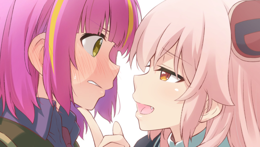 2girls assault_lily blush chin_lift clenched_teeth endou_araya enomoto_komomo eye_contact fang highres looking_at_another multicolored_hair multiple_girls open_mouth pink_hair smile tanin050 teeth yellow_eyes yuri