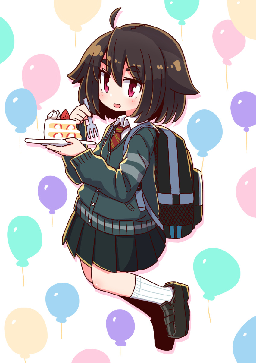 1girl :d ahoge artist_self-insert backpack bag bangs black_footwear black_hair black_skirt blush cake cake_slice cardigan collared_shirt diagonal-striped_neckwear diagonal_stripes eyebrows_visible_through_hair food fork fruit full_body hair_between_eyes hair_flaps highres holding holding_fork holding_plate loafers looking_at_viewer naga_u open_mouth original plate pleated_skirt red_eyes red_neckwear ribbed_legwear shirt shoes simple_background skirt smile socks solo strawberry striped striped_neckwear thick_eyebrows twitter white_background white_legwear white_shirt