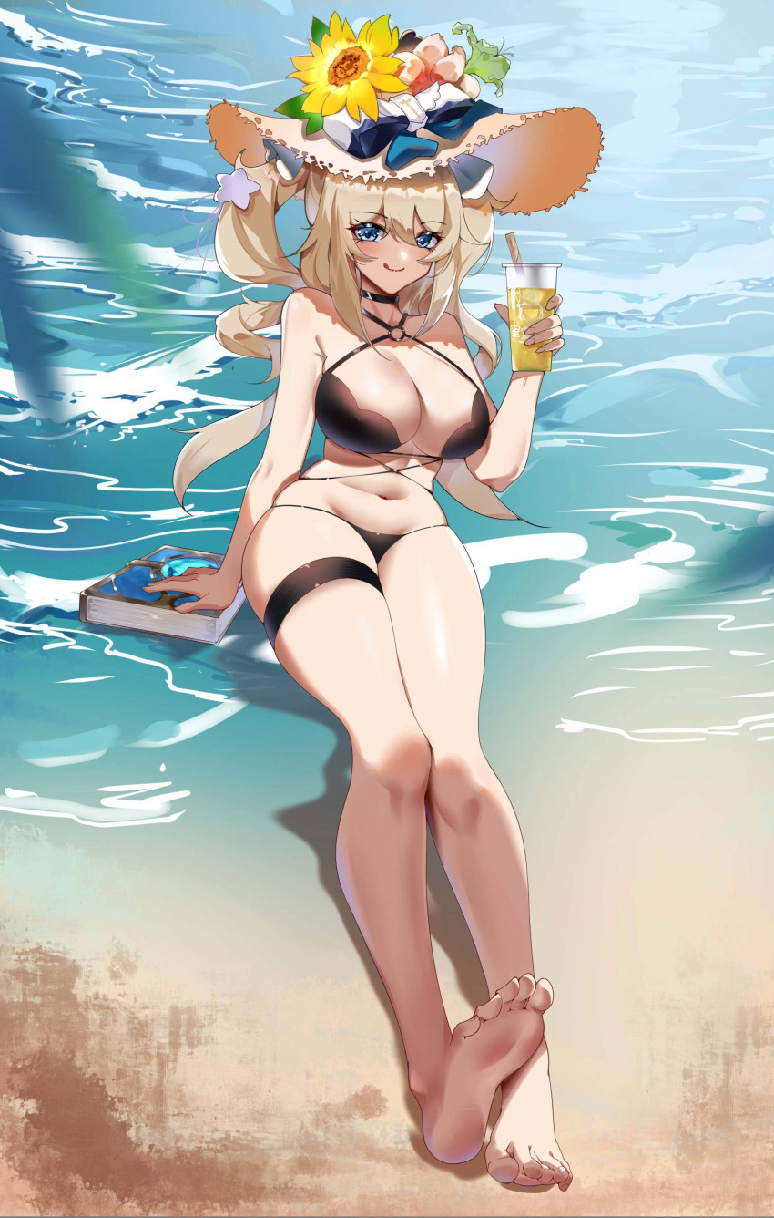 1girl :q absurdres bangs barbara_(genshin_impact) bare_arms bare_legs bare_shoulders barefoot beach bikini black_bikini black_choker blonde_hair blue_eyes book breasts choker criss-cross_halter cup drinking_glass eyebrows_visible_through_hair flower genshin_impact groin hair_between_eyes halterneck hand_up hat hat_flower highres holding holding_cup large_breasts long_hair looking_at_viewer navel o-ring o-ring_bikini sitting skindentation smile solo stomach sun_hat swimsuit thigh_strap thighs tongue tongue_out twintails water yellow_flower yiran