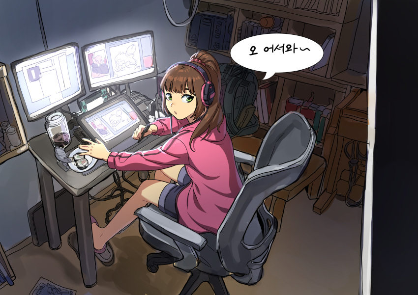 1girl absurdres bangs bookshelf brown_hair bymjim computer drawing_tablet english_commentary food from_behind green_eyes headphones highres holding hood hood_down hoodie indoors long_hair long_sleeves looking_at_viewer looking_back monitor open_mouth original plate ponytail sitting slippers solo stylus sushi table tablet_pc