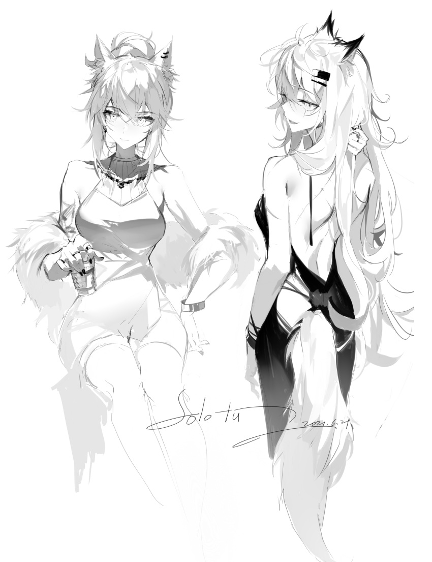 2girls absurdres ahoge animal_ears arknights backless_dress backless_outfit bracelet breasts cup dated dress ear_piercing facing_away feather_boa glass greyscale hair_ornament hairclip hand_in_hair highres holding holding_cup jewelry lappland_(arknights) lass long_hair looking_at_viewer medium_breasts meng_ziya messy_hair monochrome multiple_girls necklace open_mouth piercing ponytail ring scar scar_across_eye scar_on_back simple_background sketch tail texas_(arknights) thigh-highs very_long_hair wolf_ears wolf_girl wolf_tail