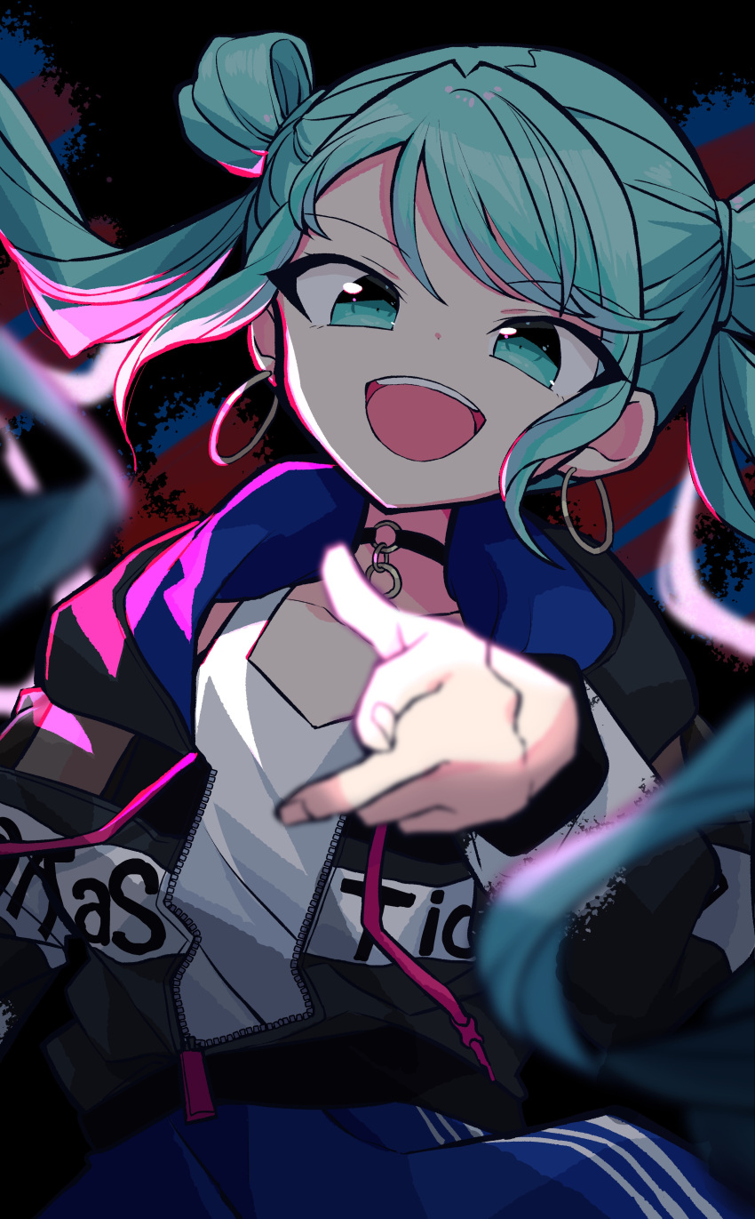 1girl absurdres aqua_eyes aqua_hair black_jacket blue_pants choker commentary earrings foreshortening hair_rings hatsune_miku highres jacket jewelry kasaki_sakura long_hair o-ring o-ring_choker open_mouth pants pointing pointing_at_viewer project_sekai shirt smile solo tank_top track_jacket twintails upper_body very_long_hair vocaloid white_shirt