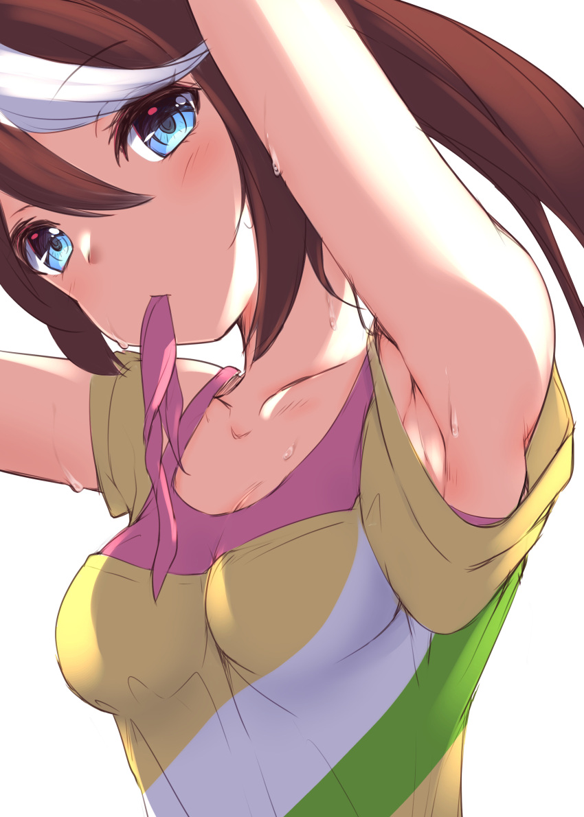 1girl absurdres armpits arms_up blush breasts casual collarbone commentary_request hair_between_eyes highres horse_girl long_hair looking_at_viewer ponytail simple_background small_breasts solo sweat tetori_(tetolisto) tokai_teio_(umamusume) umamusume white_background