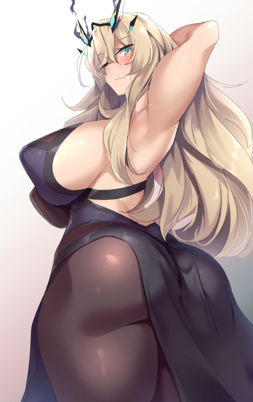 1girl arm_behind_head arm_up armpits ass bangs bare_shoulders black_dress blonde_hair breasts brown_legwear dress fate/grand_order fate_(series) gawain_(fairy_knight)_(fate) gradient gradient_background green_eyes highres horns kuronyan large_breasts long_hair looking_at_viewer muscular muscular_female one_eye_closed pantyhose pelvic_curtain sideboob solo thighs