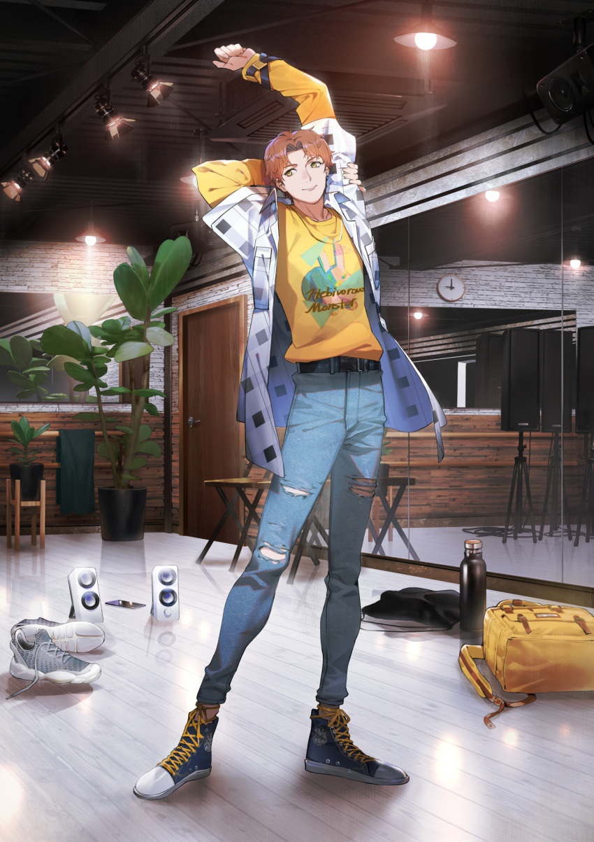 1boy backpack backpack_removed bag blue_footwear blue_pants blue_shirt bottle brown_hair clock closed_mouth denim door hand_up hands_above_head highres indoors jeans light_and_night_love long_sleeves male_focus mirror official_art open_clothes open_shirt pants plant potted_plant reflection ryota-h shirt shoes shoes_removed smile sneakers solo speaker stretch torn_clothes torn_pants wall_clock white_shirt yellow_eyes