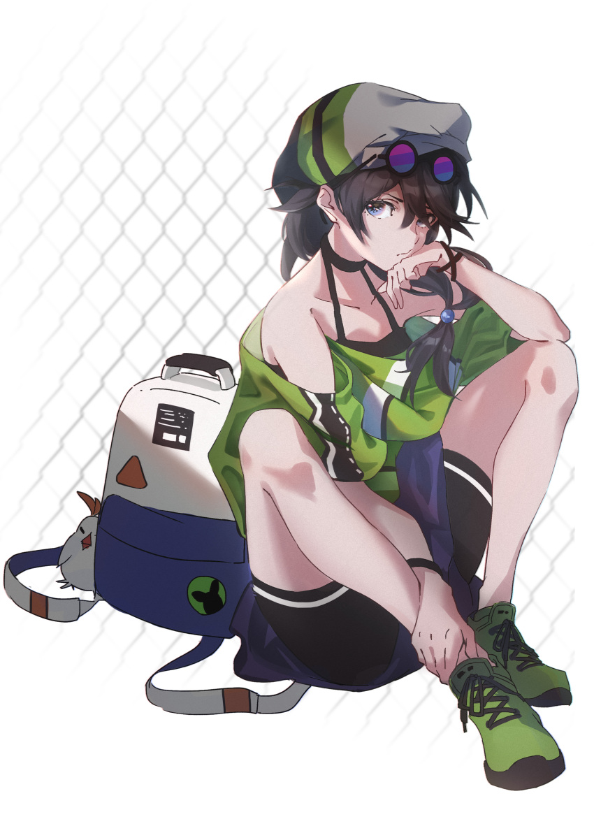 1girl absurdres backpack bag bangs bare_shoulders beret bird black_hair black_shorts blue_eyes chicken closed_mouth eyewear_on_head faaallen fu_hua fu_hua_(night_squire) full_body green_footwear green_shirt hair_between_eyes hat highres honkai_(series) honkai_impact_3rd looking_at_viewer shirt shoes short_sleeves shorts sitting sneakers solo sunglasses v-shaped_eyebrows white_background