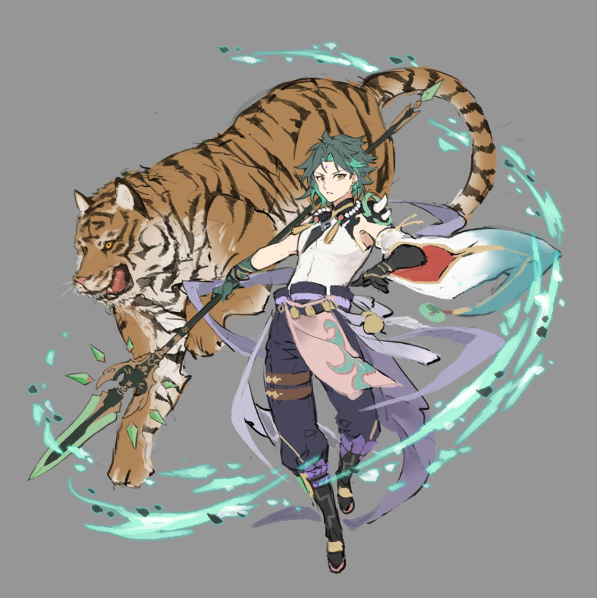 1boy animal armor asymmetrical_clothes bangs bead_necklace beads facial_mark forehead_mark full_body genshin_impact gloves green_hair grey_background highres holding holding_weapon jewelry male_focus multicolored_hair necklace papajay_(jennygin2) parted_lips polearm shoulder_armor simple_background solo spear spikes tassel tiger weapon xiao_(genshin_impact) yellow_eyes