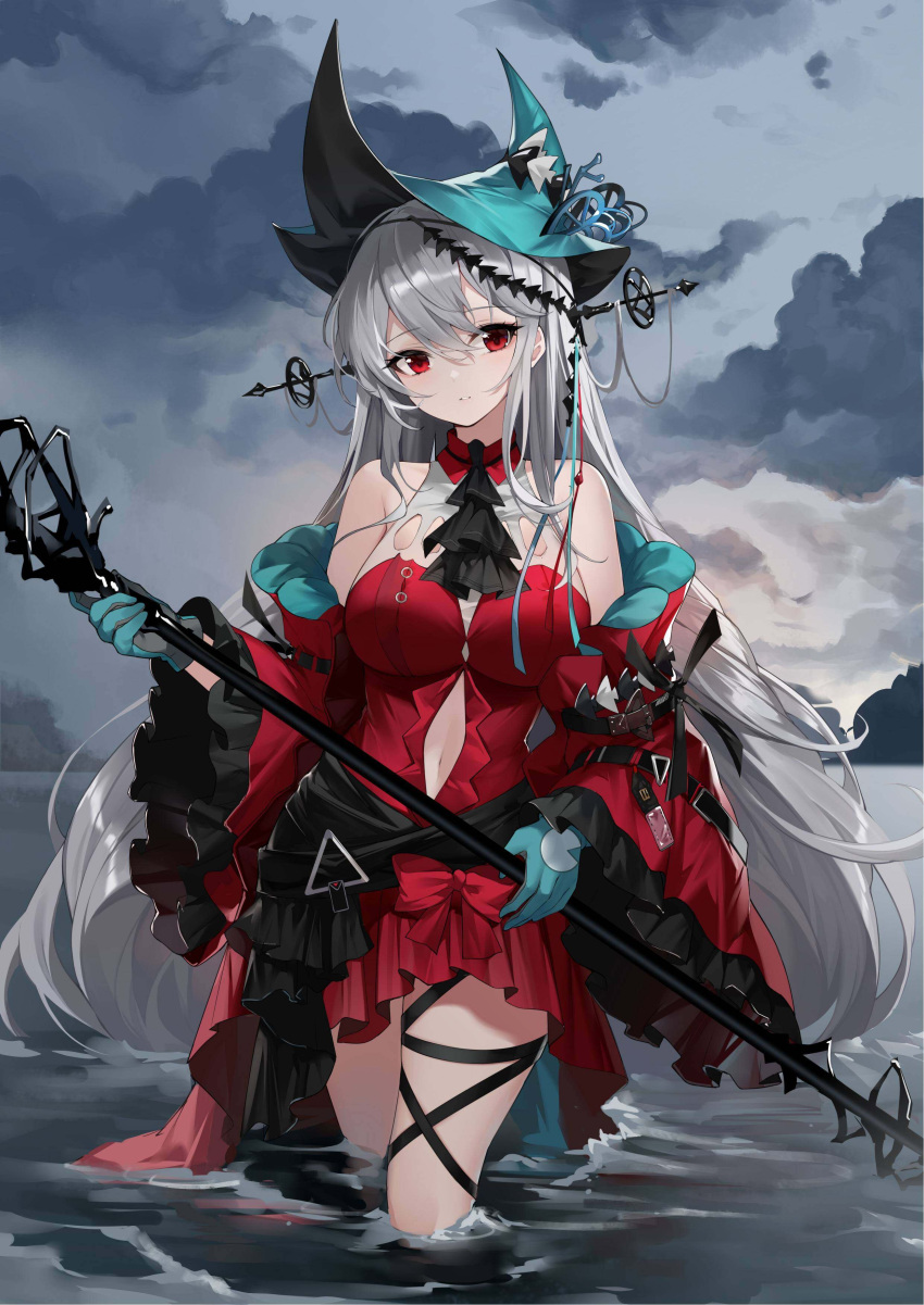 1girl absurdres arknights ascot bangs bare_shoulders black_neckwear black_ribbon blue_gloves blue_headwear breasts clothing_cutout clouds cloudy_sky detached_sleeves dress frilled_sleeves frills gloves hair_between_eyes highres holding holding_staff kikistark leg_ribbon long_hair long_sleeves looking_at_viewer medium_breasts navel navel_cutout outdoors parted_lips red_dress red_eyes ribbon short_dress silver_hair skadi_(arknights) skadi_the_corrupting_heart_(arknights) sky solo staff standing very_long_hair wading water wide_sleeves