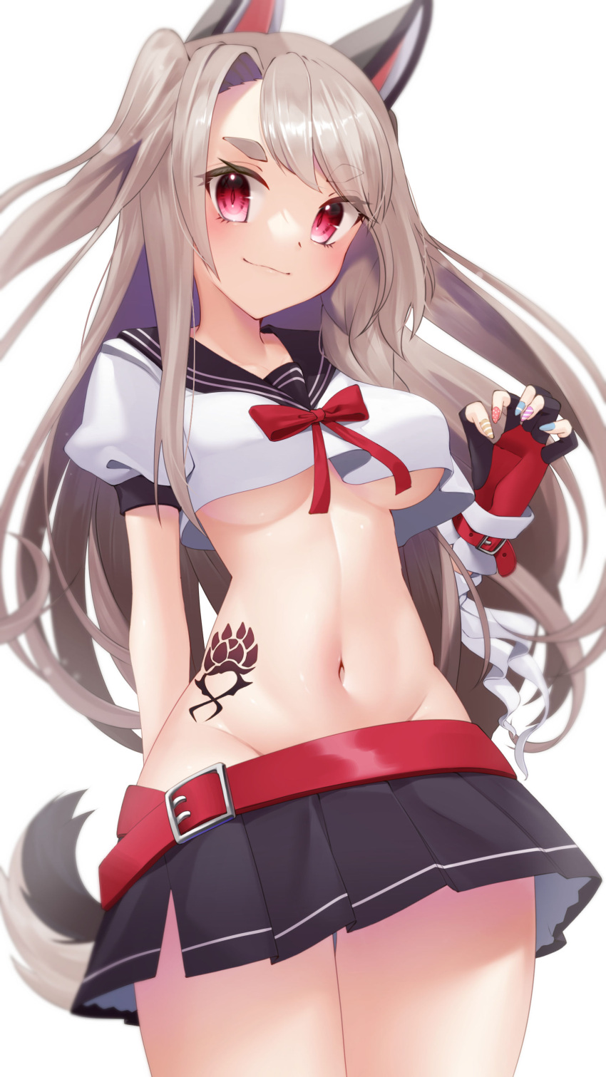1girl absurdres azur_lane bangs belt black_skirt blurry breasts claw_pose commentary_request depth_of_field eyebrows_visible_through_hair eyes_visible_through_hair groin headgear highres long_hair looking_at_viewer midriff nail_polish navel pleated_skirt red_eyes school_uniform seele0907 serafuku sidelocks silver_hair simple_background skirt smile solo tail tattoo thick_eyebrows two_side_up under_boob white_background wolf_tail yuudachi_(azur_lane)