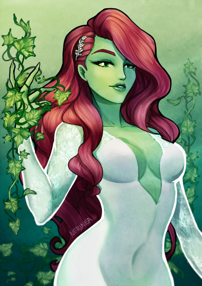 1girl artist_name bad_source breasts breasts_apart collarbone colored_skin dc_comics dress fingernails gradient gradient_background green_background green_eyes green_lips green_skin hair_ornament hand_up highres leaf leaf_hair_ornament leaf_print lips long_fingernails long_hair long_sleeves nerinea parted_lips plant poison_ivy print_dress red_hair self_upload signature smile solo very_long_hair white_dress