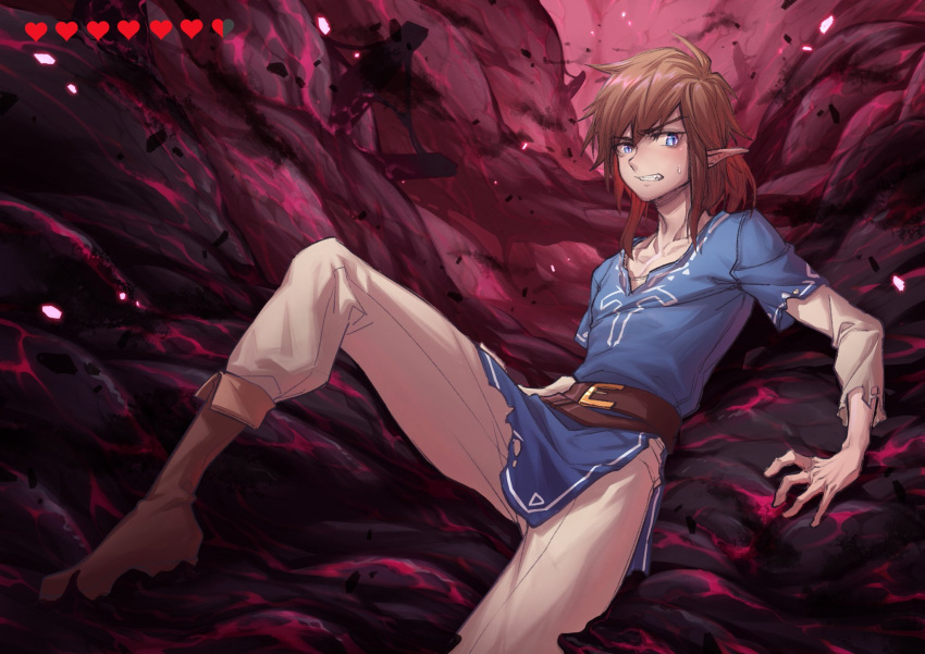 1boy arm_support arsh_(thestarwish) bangs belt blue_eyes blue_shirt boots brown_belt brown_footwear brown_hair brown_pants clenched_teeth collarbone commentary_request energy heart highres knee_up layered_sleeves link long_sleeves looking_at_viewer lying male_focus pants pointy_ears ponytail shirt short_over_long_sleeves short_sleeves solo teeth the_legend_of_zelda the_legend_of_zelda:_breath_of_the_wild torn_clothes torn_shirt tunic