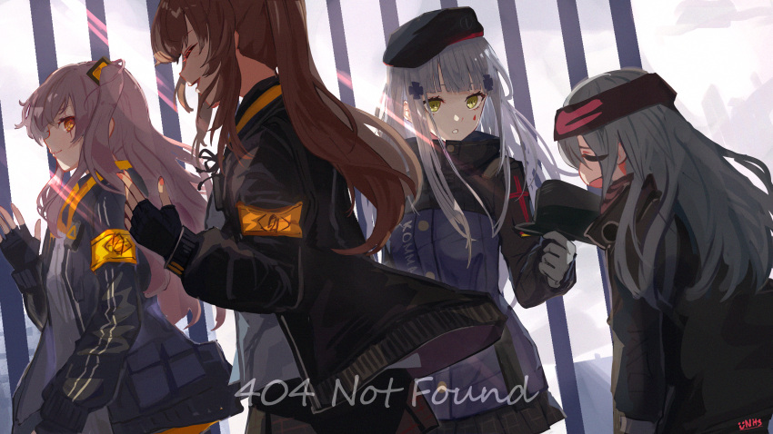 404_(girls_frontline) 4girls :o absurdres armband artist_name bangs beret black_gloves black_headband black_headwear black_jacket blue_jacket blunt_bangs brown_hair closed_eyes commentary day english_cocker_spaniel english_commentary facial_tattoo fingerless_gloves g11_(girls_frontline) girls_frontline gloves green_eyes grey_hair hair_ribbon hat headband highres hk416_(girls_frontline) huge_filesize jacket long_hair long_sleeves looking_at_viewer mixed-language_commentary multiple_girls one_side_up open_clothes open_jacket open_mouth outdoors ribbon signature silver_hair smile standing sunlight tattoo teardrop_tattoo twintails ump45_(girls_frontline) ump9_(girls_frontline) units_lustil waving white_gloves yellow_eyes