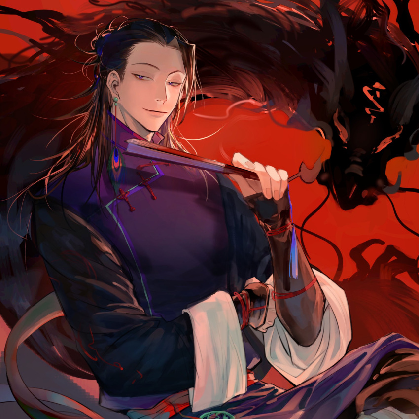 1boy bangs black_eyes black_hair changpao chinese_clothes chuunineko closed_mouth cowboy_shot dragon earrings eastern_dragon fan getou_suguru hair_pulled_back highres holding holding_fan jewelry jujutsu_kaisen long_hair long_sleeves looking_at_viewer male_focus purple_shirt red_background red_eyes shirt single_earring sitting smile solo tsurime