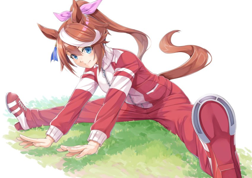 1girl animal_ears bangs blue_eyes breasts brown_hair closed_mouth commentary ear_ribbon eyebrows_visible_through_hair full_body grass hair_between_eyes hair_flaps high_ponytail horse_ears horse_girl horse_tail horseshoe jacket long_hair long_sleeves looking_at_viewer miri_(ago550421) multicolored_hair pants pink_ribbon ponytail red_footwear red_jacket red_pants ribbon shadow shoes sidelocks signature simple_background sitting small_breasts smile solo streaked_hair stretch tail tokai_teio_(umamusume) track_suit turtleneck_jacket two-tone_hair two-tone_jacket umamusume white_background white_hair white_jacket zipper zipper_pull_tab