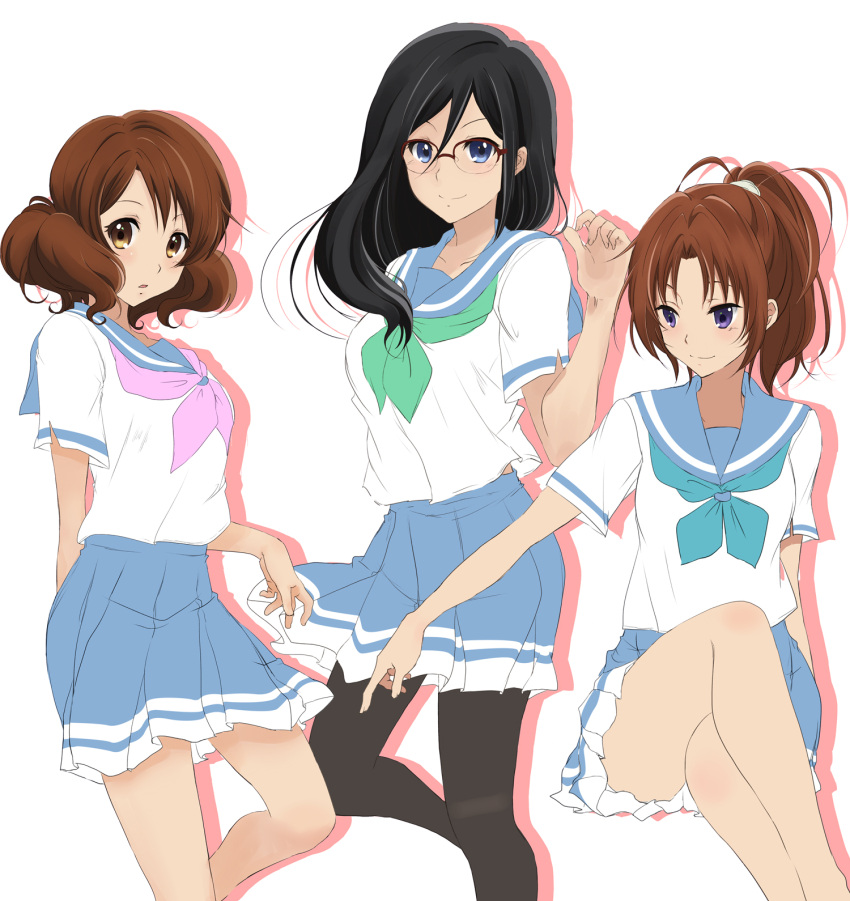 3girls bangs black_hair black_legwear blue_eyes blue_neckwear blue_sailor_collar blue_skirt blush brown_eyes brown_hair closed_mouth crossed_legs glasses green_neckwear hand_up hare_(hal0331) hibike!_euphonium highres kitauji_high_school_uniform long_hair looking_at_another looking_at_viewer medium_hair multiple_girls nakagawa_natsuki neckerchief oumae_kumiko pantyhose parted_lips pink_neckwear pleated_skirt ponytail red-framed_eyewear sailor_collar school_uniform serafuku shirt short_sleeves simple_background sitting skirt smile standing tanaka_asuka violet_eyes white_background white_shirt