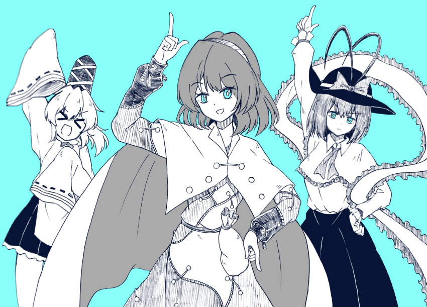 3girls arm_up bag bangs blue_background blue_eyes bow bright_pupils cape capelet cowboy_shot dress eyebrows_visible_through_hair frills greyscale gurajio hand_on_hip hat hat_bow highres index_finger_raised japanese_clothes kariginu long_sleeves looking_at_viewer medium_hair monochrome mononobe_no_futo multicolored_hairband multiple_girls nagae_iku pointing pointing_down pointing_up ponytail ribbon-trimmed_sleeves ribbon_trim shawl shirt short_hair simple_background skirt standing symbol_commentary tate_eboshi tenkyuu_chimata touhou white_pupils wide_sleeves