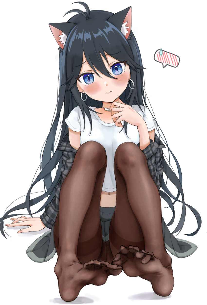 1girl 3: animal_ears antenna_hair black_hair blue_eyes blush brown_legwear cat_ears choker closed_mouth commission crotch_seam earrings feet full_body hair_between_eyes head_tilt highres jewelry long_hair looking_at_viewer midriff navel off_shoulder original pantyhose plaid second-party_source simple_background sitting solo soul_worker spoken_blush thighband_pantyhose very_long_hair white_background