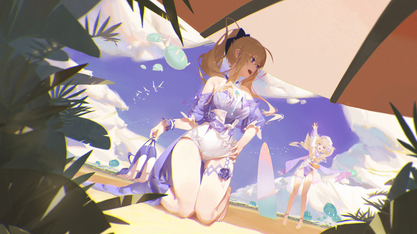 2girls absurdres arm_up bangs barbara_(genshin_impact) barbara_(summertime_sparkle)_(genshin_impact) bare_legs bare_shoulders barefoot beach beach_umbrella blonde_hair blue_eyes blue_shirt blue_sky blue_swimsuit chinese_commentary clouds commentary_request day detached_sleeves drill_hair genshin_impact hand_on_hip hat high-waist_shorts high_heels highres jean_(genshin_impact) jean_(sea_breeze_dandelion)_(genshin_impact) kneeling long_hair long_sleeves looking_at_another ming_chen multiple_girls official_alternate_costume open_mouth outdoors plant ponytail purple_footwear sailor_hat shirt shoes_removed short_shorts short_sleeves shorts sidelocks sky slime_(genshin_impact) surfboard swimsuit thigh_strap twin_drills twintails umbrella waving white_footwear white_headwear white_shorts wrist_cuffs