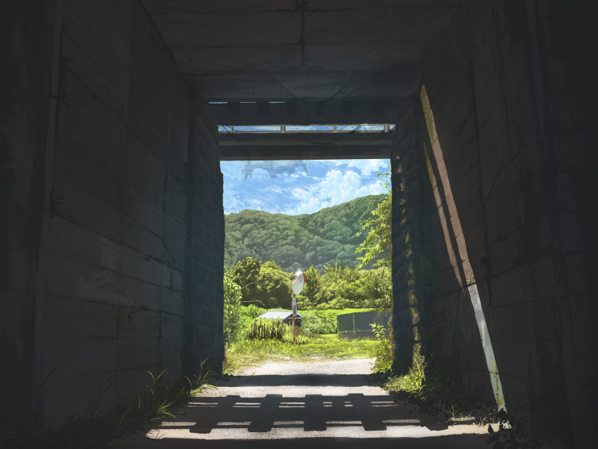 absurdres blue_sky clouds day fence forest highres landscape leaf mirror mixed-language_commentary mountain mt._chiyan nature no_humans original road scenery shack shadow sky summer tree tunnel