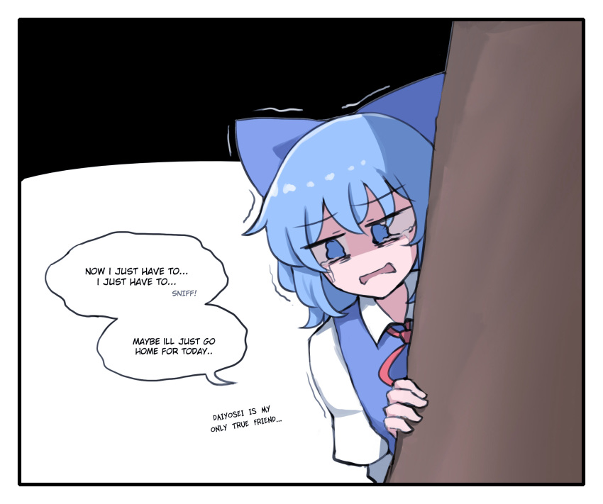 1girl blue_bow blue_dress blue_eyes bow cirno collared_shirt crying crying_with_eyes_open dress english_commentary english_text eyebrows_visible_through_hair hair_bow hiding highres mata_(matasoup) no_pupils red_bow red_neckwear shirt solo tears touhou tree trembling white_shirt