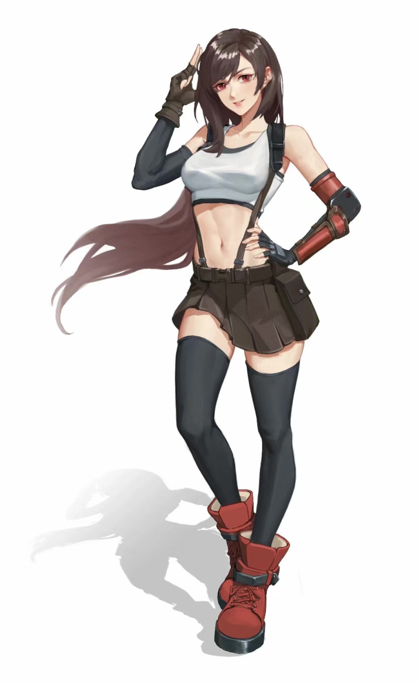 1girl armor bangs belt belt_pouch black_hair black_legwear black_skirt black_sports_bra black_thighhighs boots breasts crop_top elbow_gloves elbow_pads female final_fantasy final_fantasy_vii finger_gun fingerless_gloves full_body gloves hair_between_eyes hand_on_hip hand_up highres large_breasts lips long_hair looking_at_viewer midriff miniskirt navel parted_lips pose pouch rain9_812 red_eyes red_footwear simple_background skirt smile solo sports_bra standing suspender_skirt suspenders tank_top thigh-highs tifa_lockhart white_background white_tank_top zettai_ryouiki