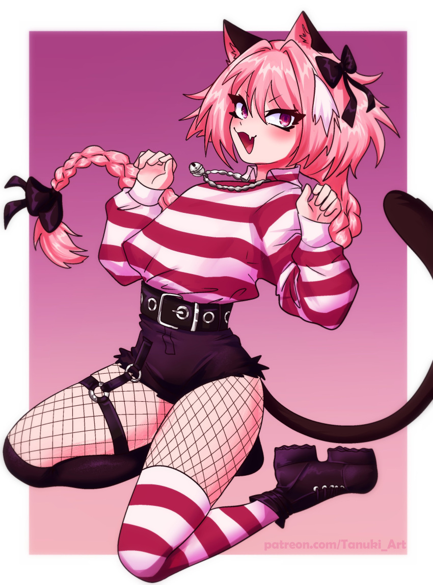 1boy absurdres animal_ears astolfo_(fate) asymmetrical_legwear black_bow black_legwear black_shorts blush border bow braid braided_ponytail cat_ears cat_tail clothes_pull fang fate/apocrypha fate_(series) fishnet_legwear fishnets hair_bow highres jewelry long_braid long_hair necklace open_mouth otoko_no_ko pantyhose pantyhose_pull pink_hair rumblyf shirt shirt_tucked_in shorts single_braid skin_fang sleeves_past_wrists smile solo striped striped_legwear striped_shirt tail thigh-highs very_long_hair white_border