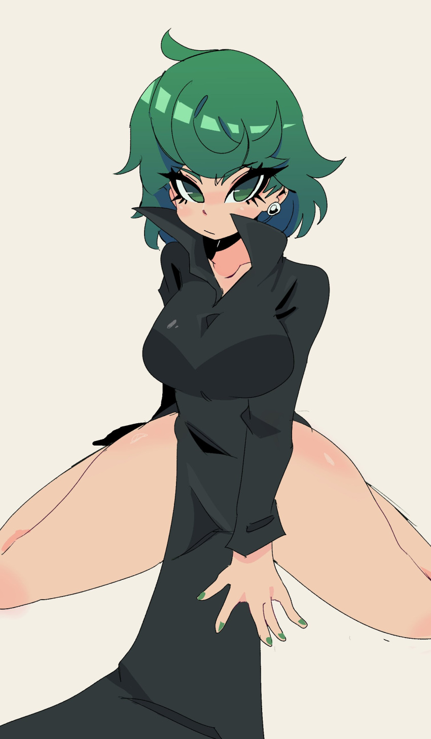 1girl absurdres black_dress breasts dress earrings eyelashes furrowed_brow green_hair green_nails hand_on_floor highres jewelry jiansketch large_breasts looking_at_viewer no_pupils one-punch_man short_hair sitting spread_legs tatsumaki thighs wariza