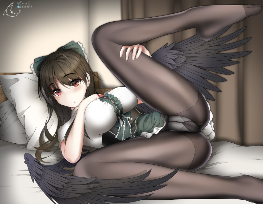 1girl absurdres artist_name bangs bird_wings black_hair black_legwear black_wings blouse blush bow breasts collared_blouse commentary_request eyebrows_visible_through_hair foot_out_of_frame frilled_skirt frills green_bow green_skirt hair_between_eyes hair_bow highres indoors korean_commentary large_breasts leg_lift long_hair looking_at_viewer lying mixed-language_commentary no_shoes on_back on_bed open_mouth panties panties_under_pantyhose pantyhose pillow pixiv_id red_eyes reiuji_utsuho sechy short_sleeves signature skirt solo third_eye touhou twitter_username underwear white_blouse white_panties wings